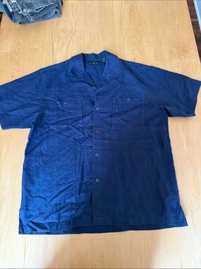Gochu Navy Short-Sleeve Linen Button Shirt